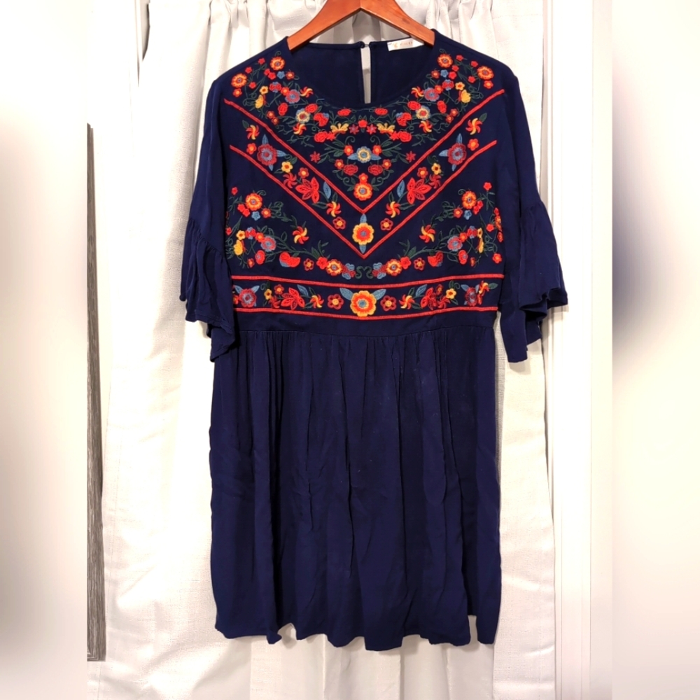 Kirundo Navy Embroidered Floral Dress Bell Sleeves Large Boho Y2K Hippie